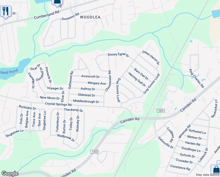 map of restaurants, bars, coffee shops, grocery stores, and more near 2329 Chasewater Road in Fayetteville