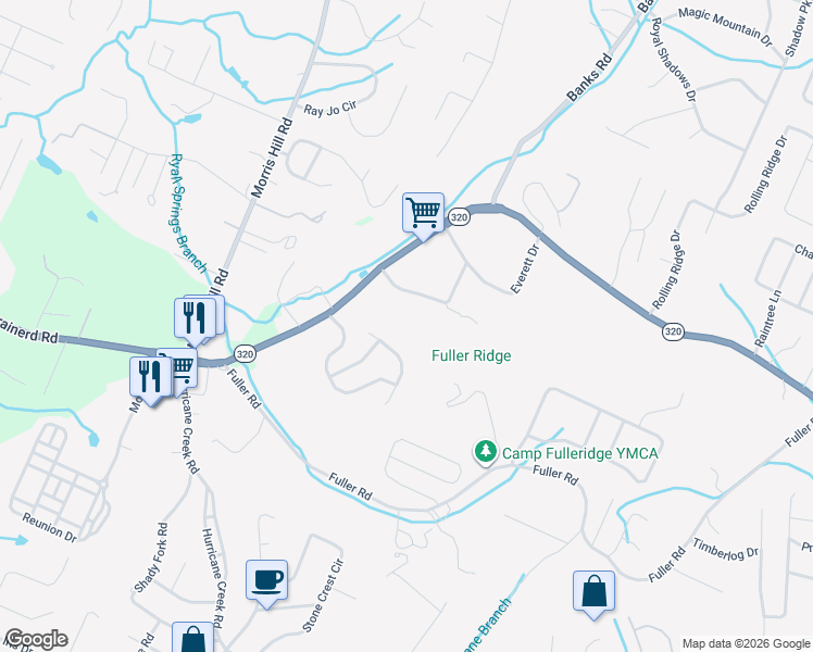 map of restaurants, bars, coffee shops, grocery stores, and more near 1299 Springview Drive in Chattanooga