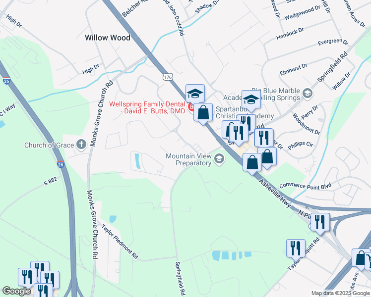 map of restaurants, bars, coffee shops, grocery stores, and more near 23 Rachel Court in Spartanburg