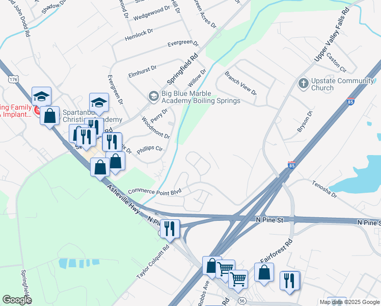 map of restaurants, bars, coffee shops, grocery stores, and more near October Lane in Boiling Springs