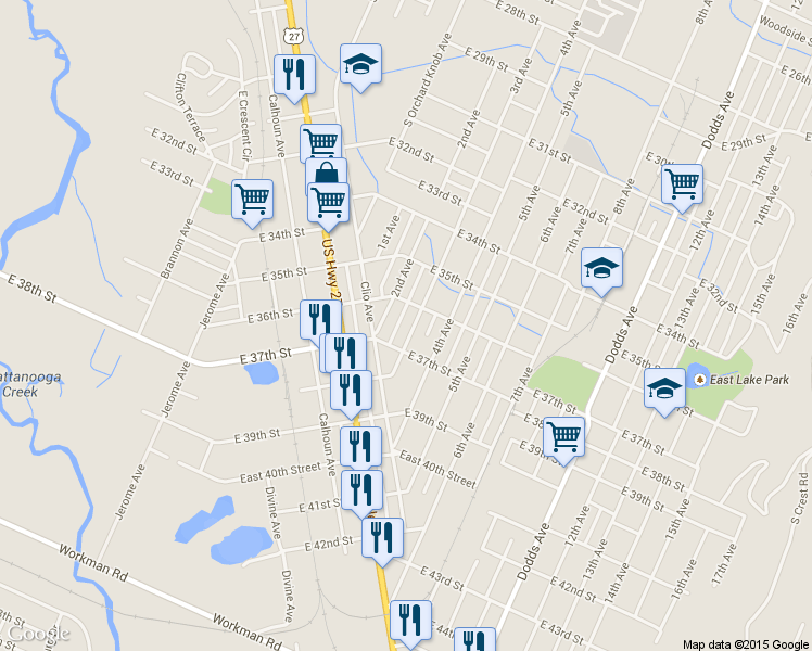 map of restaurants, bars, coffee shops, grocery stores, and more near 3602 2nd Avenue in Chattanooga