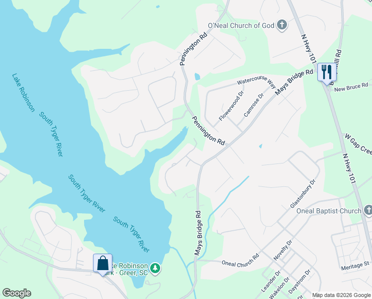 map of restaurants, bars, coffee shops, grocery stores, and more near 5 Rawlings Court in Greer