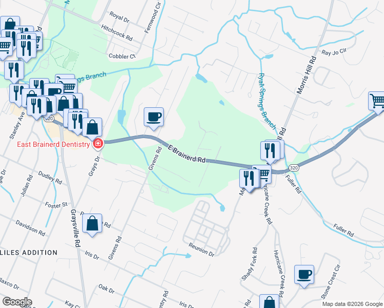 map of restaurants, bars, coffee shops, grocery stores, and more near 1109 Shady Rest Road in Chattanooga