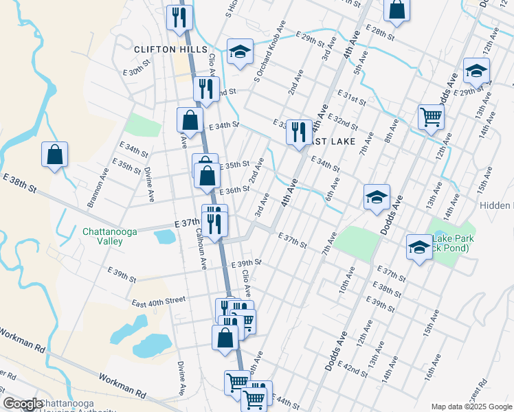 map of restaurants, bars, coffee shops, grocery stores, and more near 3602 2nd Avenue in Chattanooga