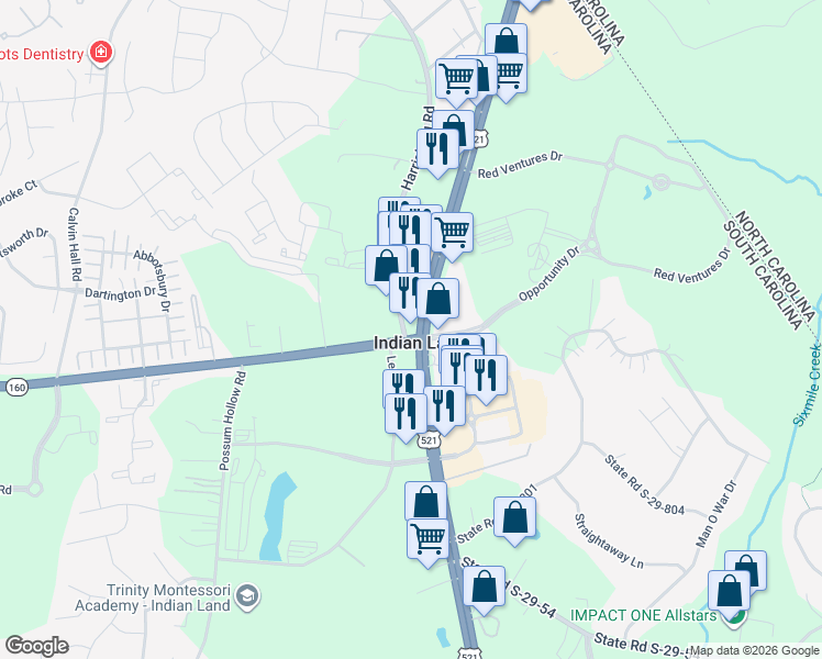map of restaurants, bars, coffee shops, grocery stores, and more near 9704 Harrisburg Road in Fort Mill