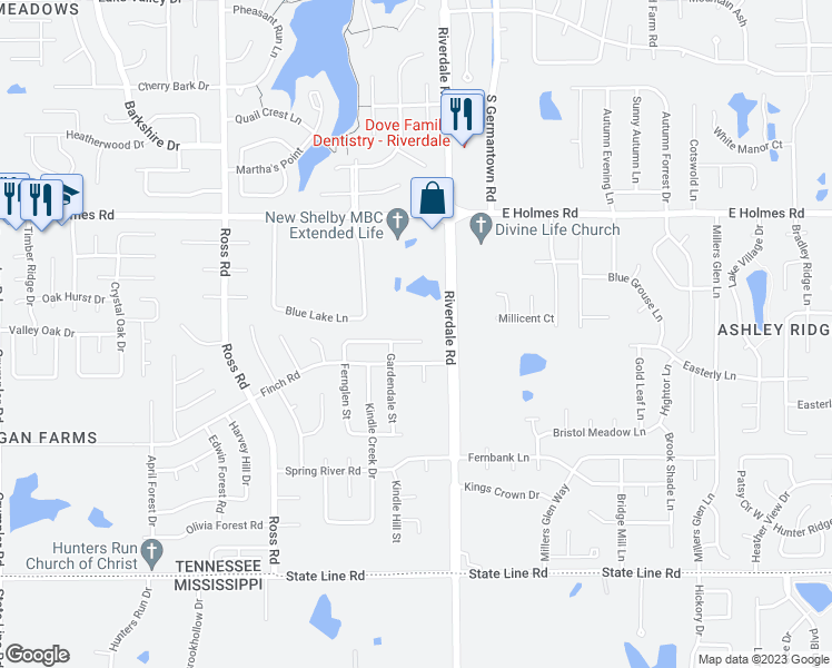 map of restaurants, bars, coffee shops, grocery stores, and more near 6930 Stevenwoods Cove in Memphis