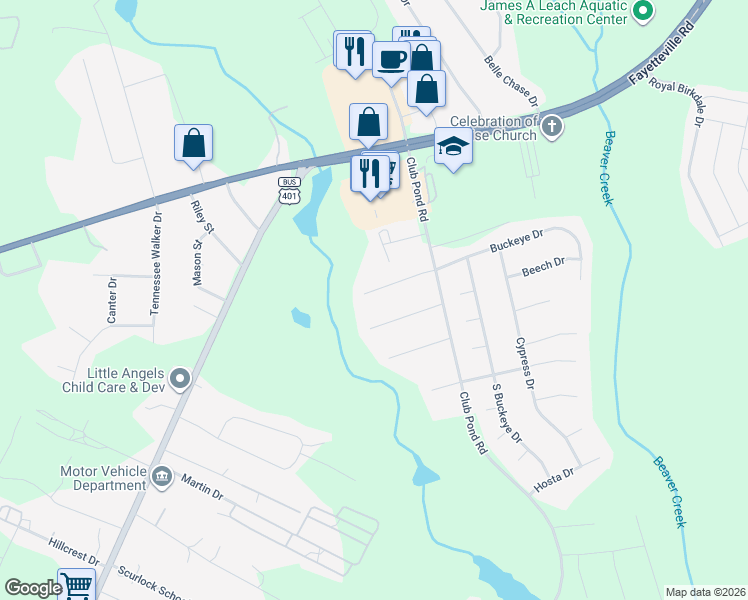 map of restaurants, bars, coffee shops, grocery stores, and more near 232 Bahia Lane in Raeford