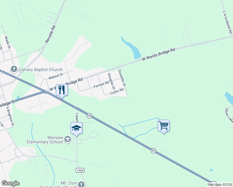map of restaurants, bars, coffee shops, grocery stores, and more near 701-705 Curtis Road in Warsaw