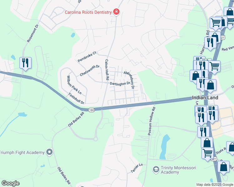 map of restaurants, bars, coffee shops, grocery stores, and more near 6306 Rhodins Lane in Indian Land