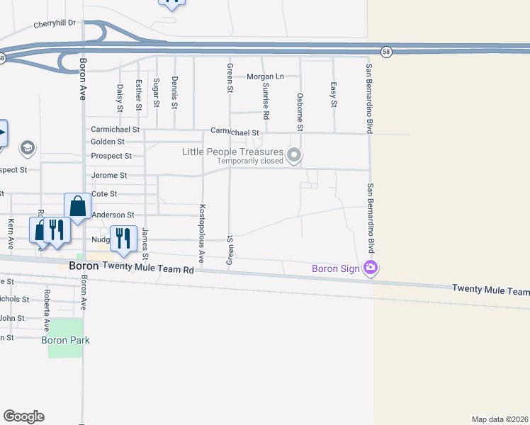 map of restaurants, bars, coffee shops, grocery stores, and more near 27613 Prospect Street in Boron