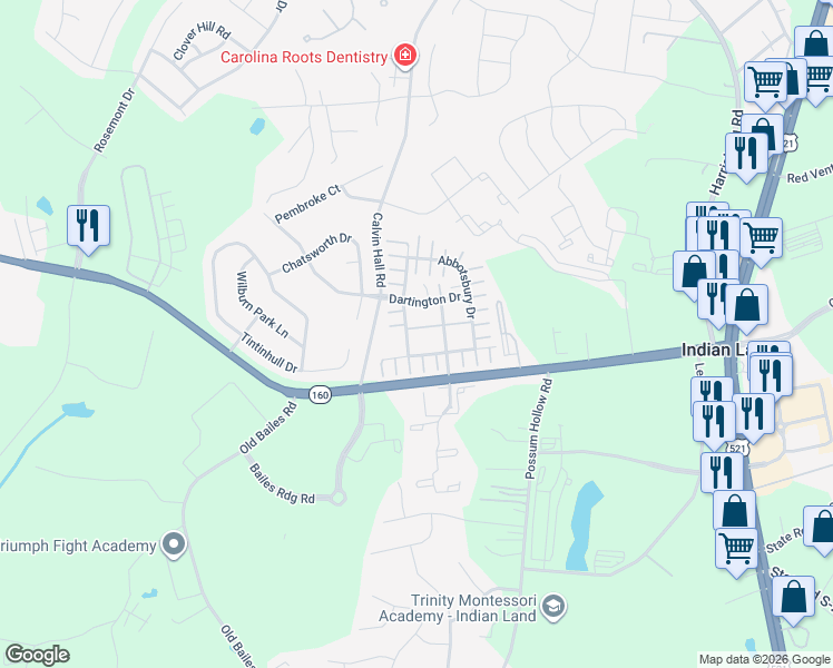 map of restaurants, bars, coffee shops, grocery stores, and more near 6307 Rhodins Lane in Indian Land
