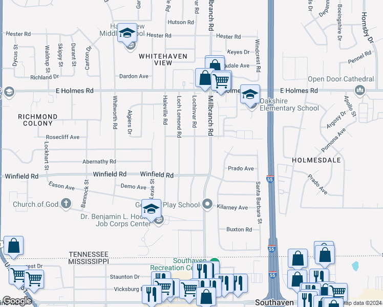 map of restaurants, bars, coffee shops, grocery stores, and more near 5359 Lochinvar Road in Memphis