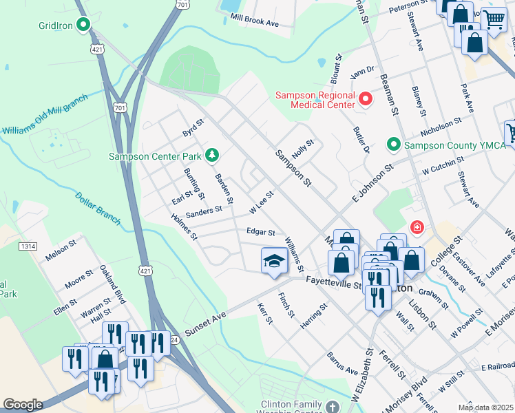 map of restaurants, bars, coffee shops, grocery stores, and more near 198 W Lee St in Clinton