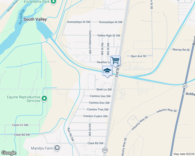 map of restaurants, bars, coffee shops, grocery stores, and more near 5300 Southfort Drive Southwest in Albuquerque