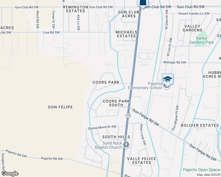 map of restaurants, bars, coffee shops, grocery stores, and more near 3016 Kirsten Road Southwest in Albuquerque