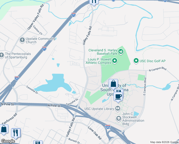 map of restaurants, bars, coffee shops, grocery stores, and more near 1012 College Pointe Lane in Spartanburg
