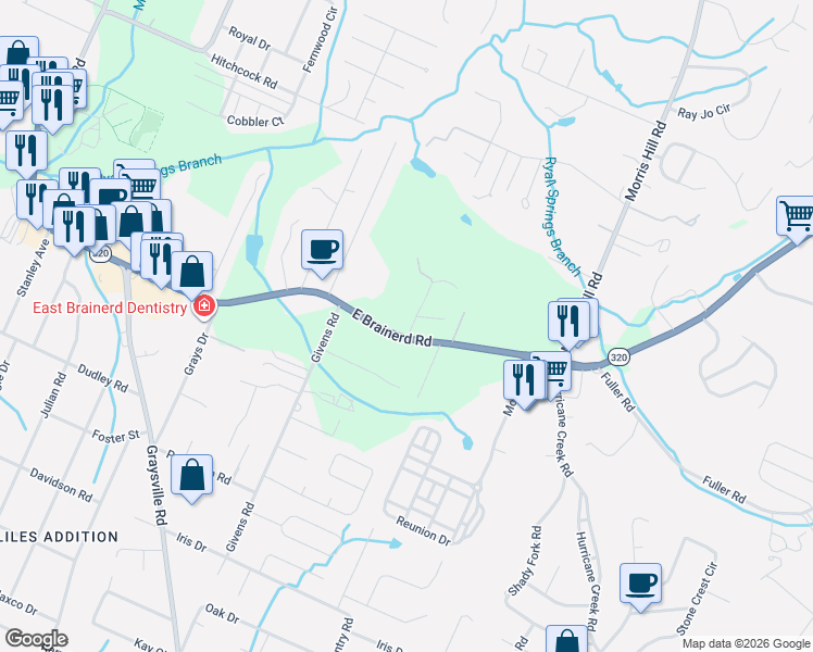 map of restaurants, bars, coffee shops, grocery stores, and more near 1109 Shady Rest Road in Chattanooga