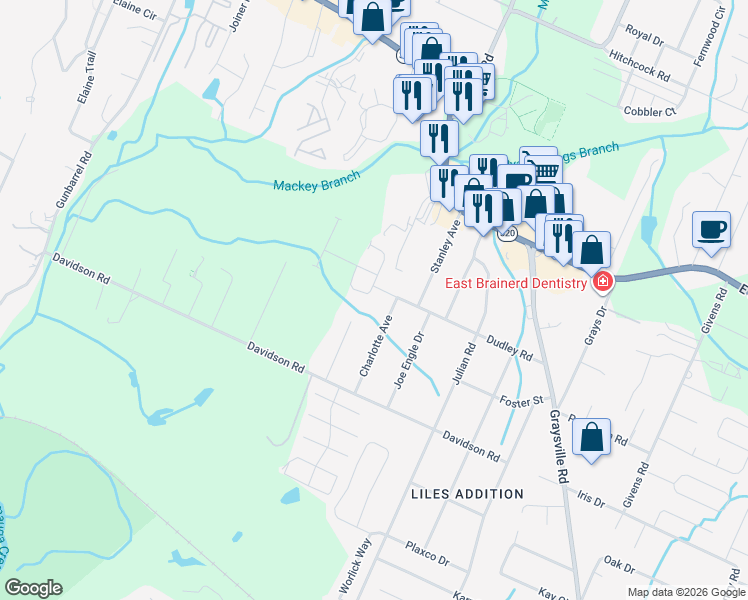 map of restaurants, bars, coffee shops, grocery stores, and more near 994 Gibson Meadow Drive in Chattanooga