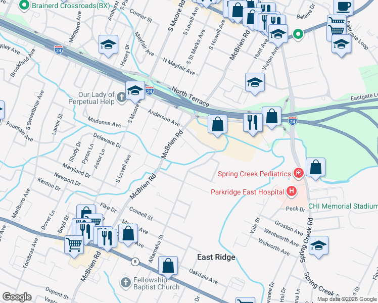 map of restaurants, bars, coffee shops, grocery stores, and more near 914 Geswein Court in East Ridge