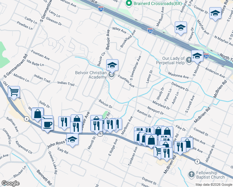 map of restaurants, bars, coffee shops, grocery stores, and more near 711 Hardin Drive in Chattanooga