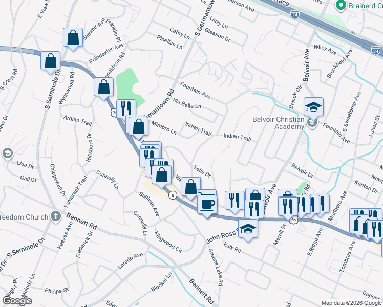 map of restaurants, bars, coffee shops, grocery stores, and more near 921 McHann Drive in Chattanooga