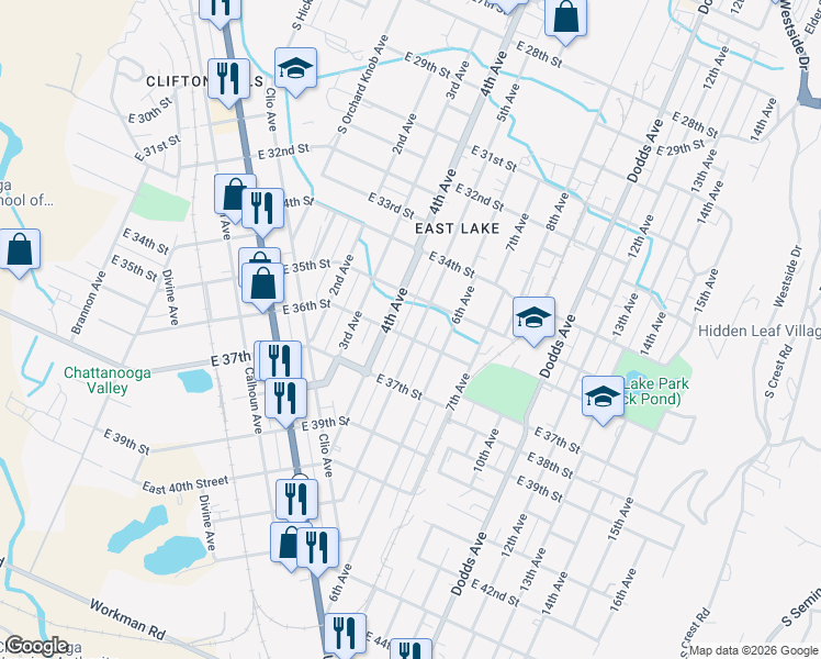 map of restaurants, bars, coffee shops, grocery stores, and more near 3509 5th Avenue in Chattanooga