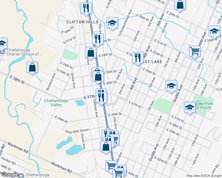 map of restaurants, bars, coffee shops, grocery stores, and more near 3601 Clio Avenue in Chattanooga