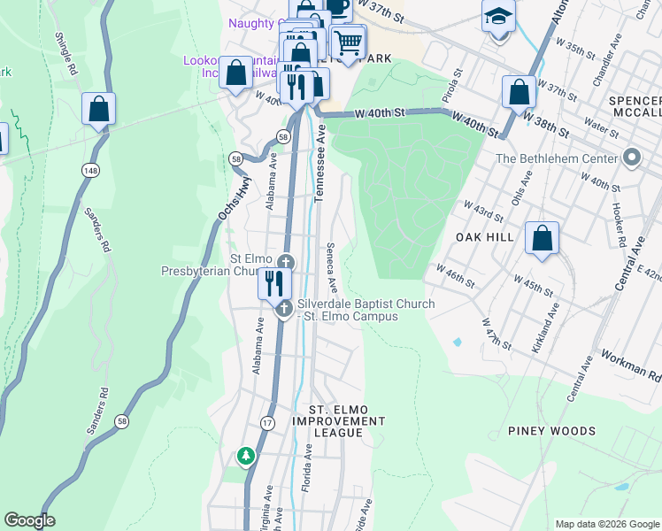 map of restaurants, bars, coffee shops, grocery stores, and more near 4302 Tennessee Avenue in Chattanooga