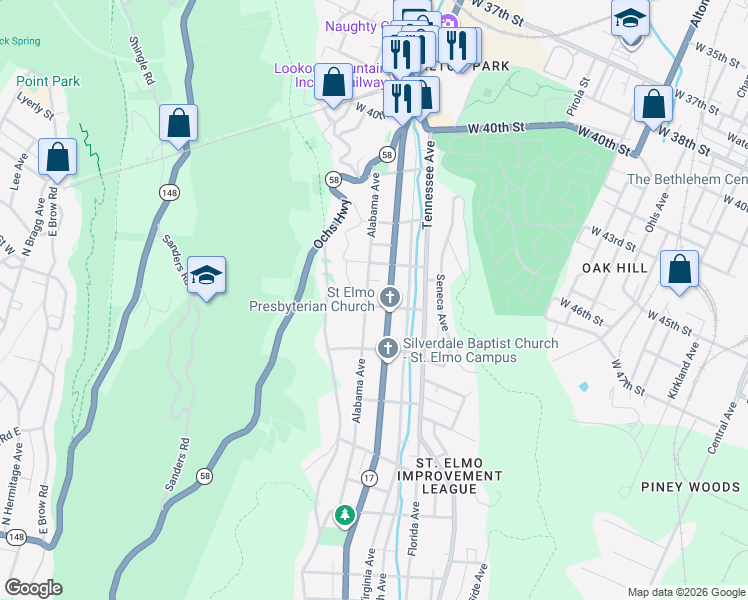 map of restaurants, bars, coffee shops, grocery stores, and more near 4311 Alabama Avenue in Chattanooga