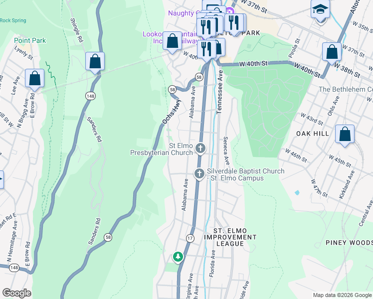 map of restaurants, bars, coffee shops, grocery stores, and more near 4311 Alabama Avenue in Chattanooga