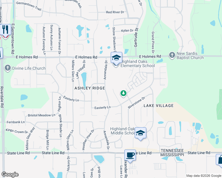 map of restaurants, bars, coffee shops, grocery stores, and more near 5336 Annandale Drive in Memphis