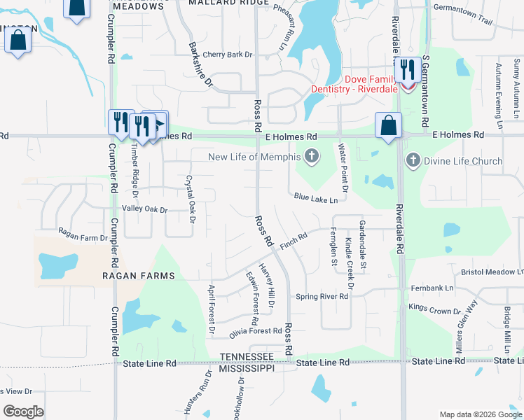 map of restaurants, bars, coffee shops, grocery stores, and more near 5338 Ross Road in Memphis