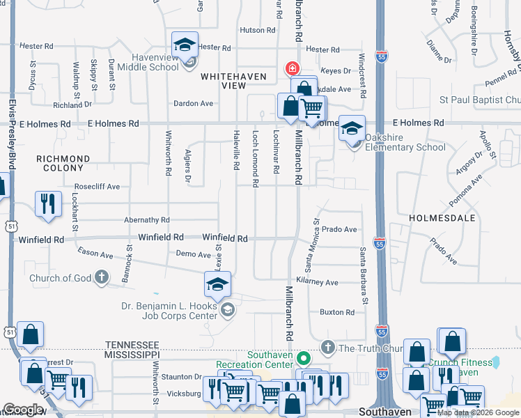 map of restaurants, bars, coffee shops, grocery stores, and more near 5341 Loch Lomond Road in Memphis