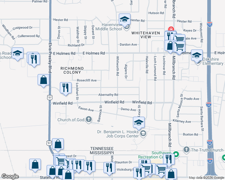 map of restaurants, bars, coffee shops, grocery stores, and more near 1422 Mary Jane Avenue in Memphis