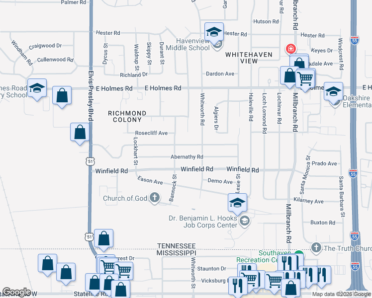 map of restaurants, bars, coffee shops, grocery stores, and more near 1422 Mary Jane Avenue in Memphis
