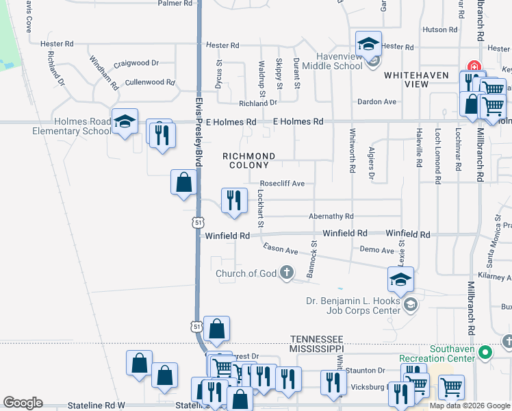 map of restaurants, bars, coffee shops, grocery stores, and more near 1290 Mary Jane Avenue in Memphis