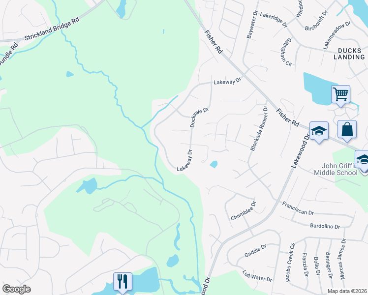map of restaurants, bars, coffee shops, grocery stores, and more near 2495 Lakeheath Court in Fayetteville