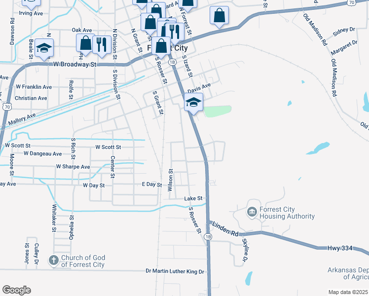 map of restaurants, bars, coffee shops, grocery stores, and more near South Rosser Street in Forrest City