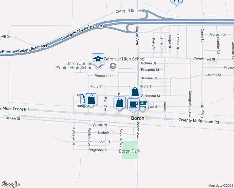 map of restaurants, bars, coffee shops, grocery stores, and more near 12201 Roberts Avenue in Boron
