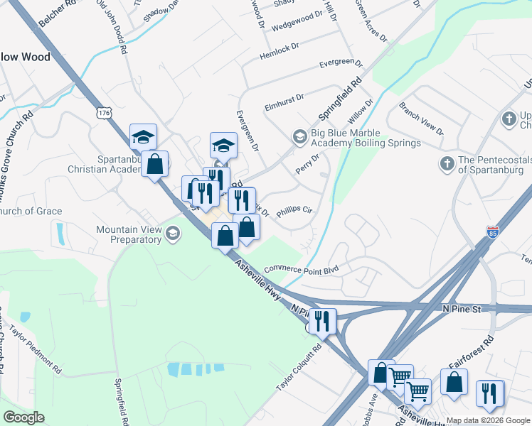 map of restaurants, bars, coffee shops, grocery stores, and more near 112 Hendrix Drive in Boiling Springs