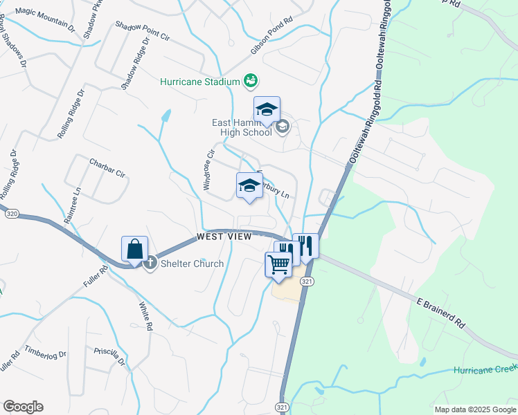 map of restaurants, bars, coffee shops, grocery stores, and more near 9629 East Brainerd Road in Chattanooga
