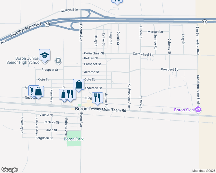map of restaurants, bars, coffee shops, grocery stores, and more near 12224 James Street in Boron