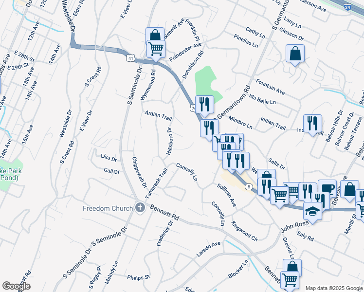 map of restaurants, bars, coffee shops, grocery stores, and more near 3421 Myra Avenue in Chattanooga