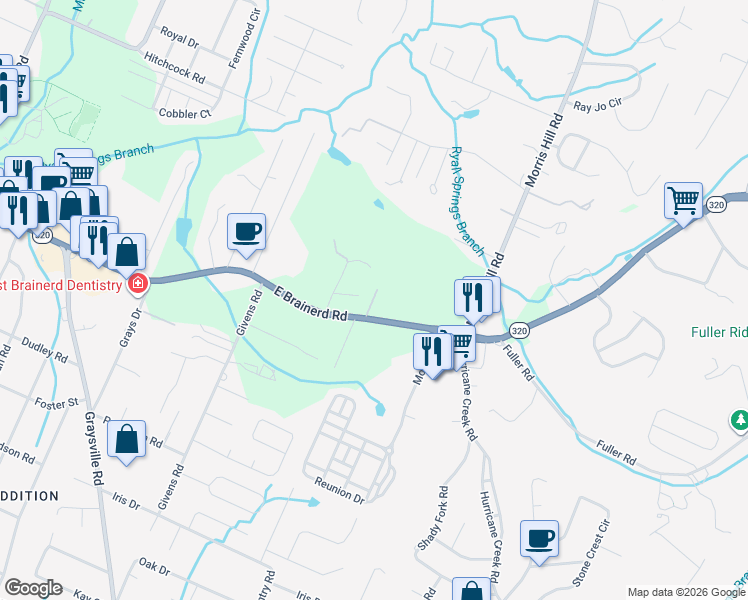 map of restaurants, bars, coffee shops, grocery stores, and more near 1110 Shady Rest Road in Chattanooga