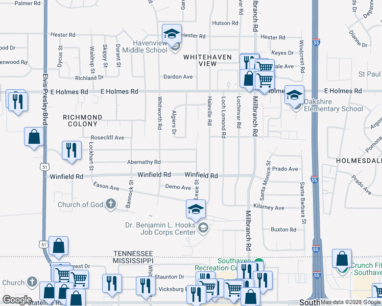 map of restaurants, bars, coffee shops, grocery stores, and more near 1521 Mary Jane Avenue in Memphis