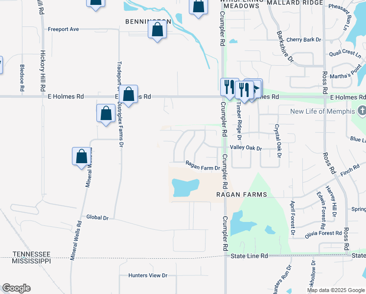 map of restaurants, bars, coffee shops, grocery stores, and more near 5367 Farm Ridge Drive in Memphis