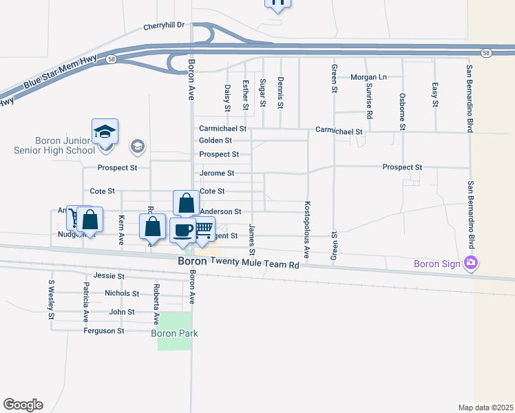 map of restaurants, bars, coffee shops, grocery stores, and more near 27269 Anderson Street in Boron