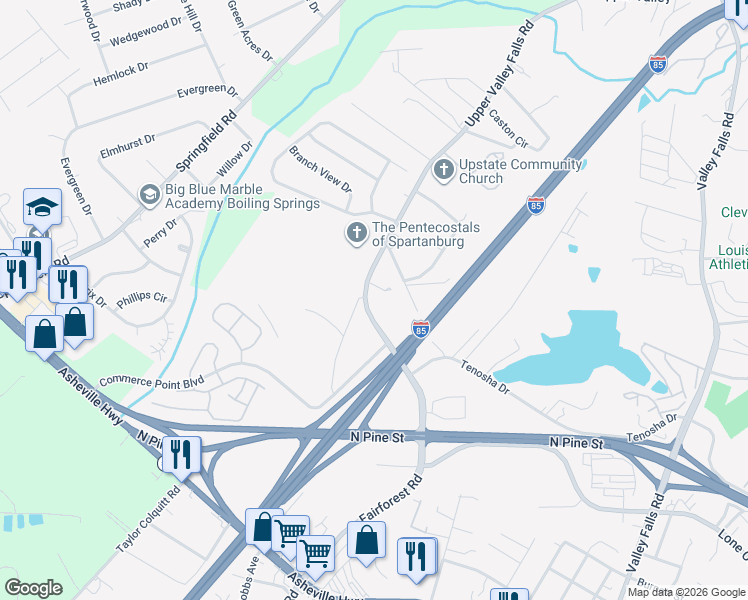map of restaurants, bars, coffee shops, grocery stores, and more near 530/532 Upper Valley Falls Road in Boiling Springs