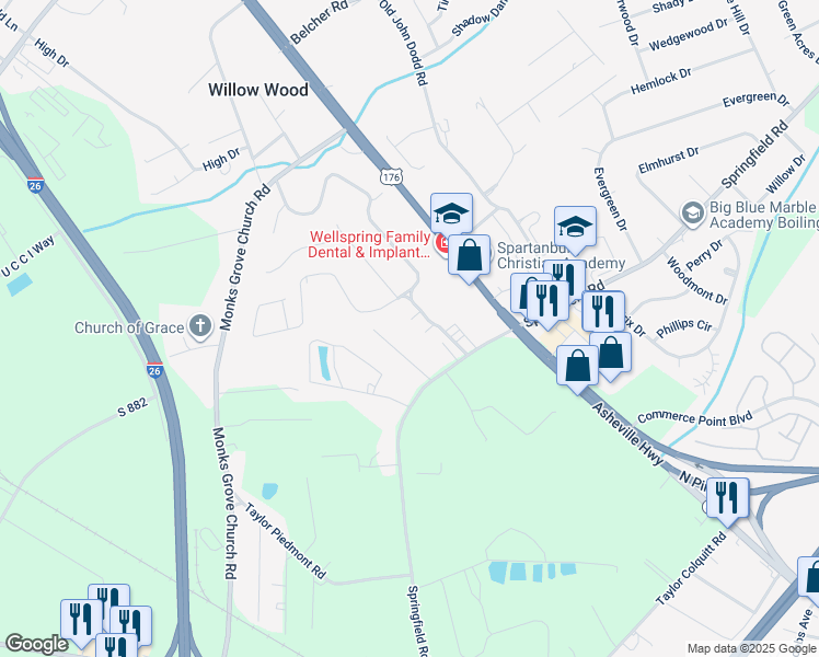map of restaurants, bars, coffee shops, grocery stores, and more near 11 Melissa Court in Spartanburg