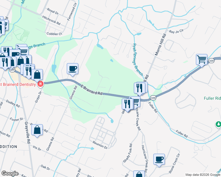 map of restaurants, bars, coffee shops, grocery stores, and more near 1110 Shady Rest Road in Chattanooga